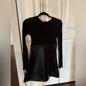 Zara Black Ribbed and Faux Leather Long Sleeve Mini Dress